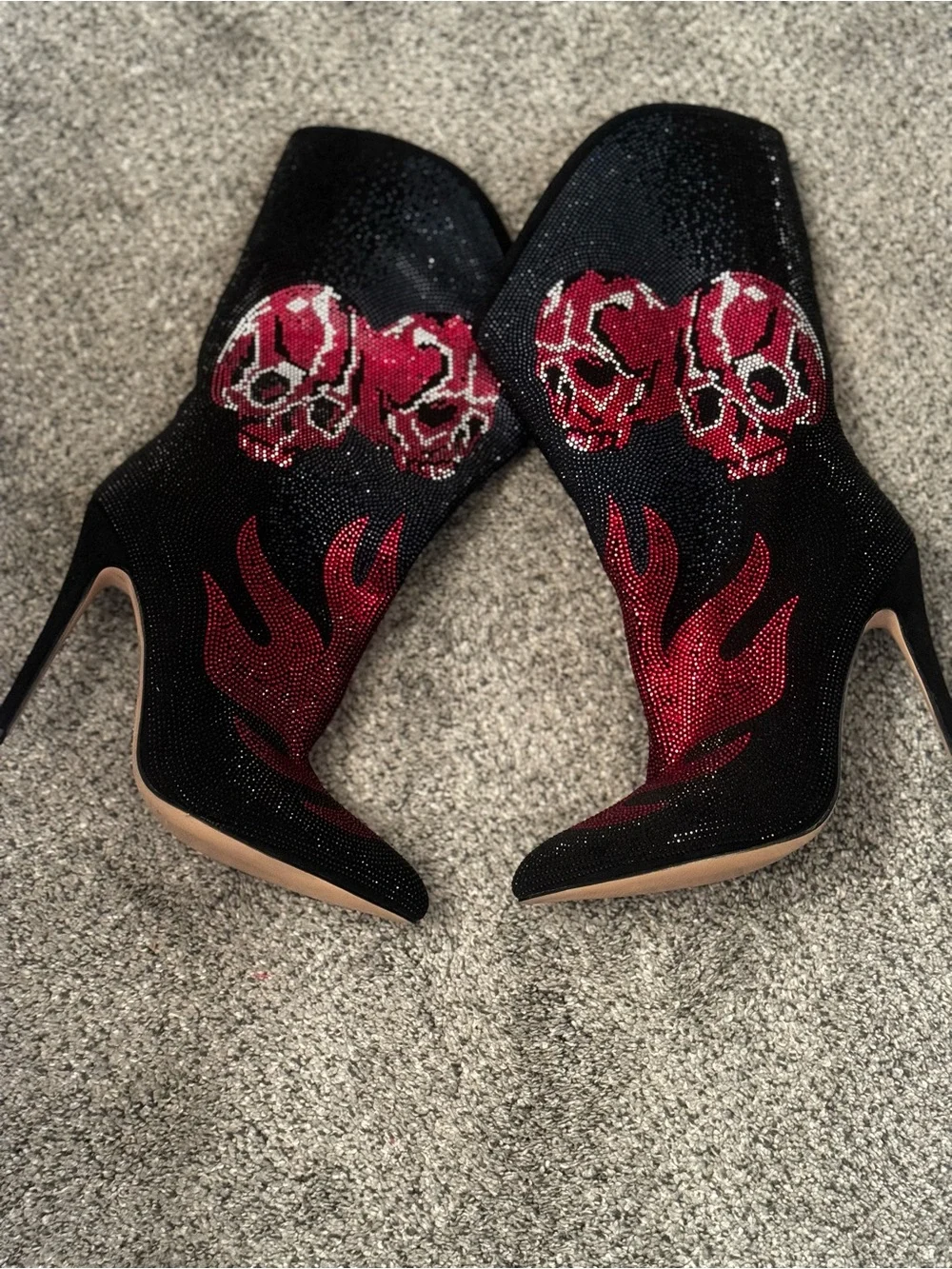 Black and Red Crystal Skull Flame Stiletto Boots . New without original box.